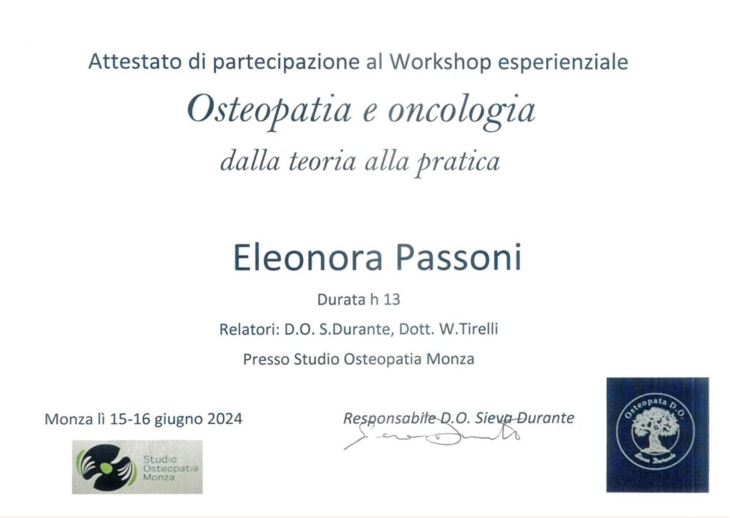 Attestato di partecipazione al Workshop esperenziale Osteopatia e oncologia